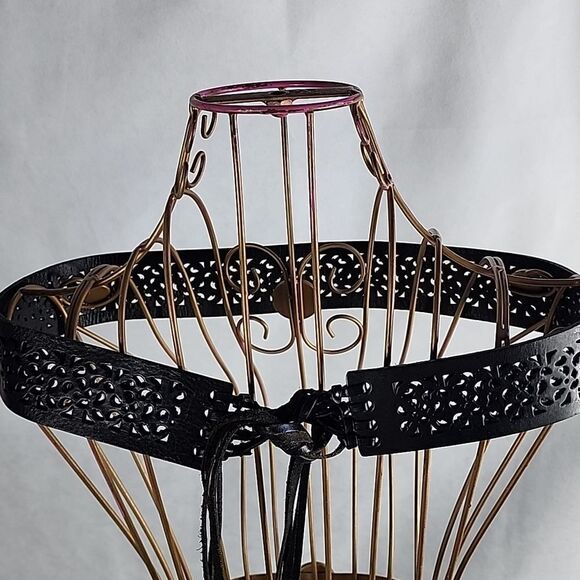 Vtg Whimsigoth Corset Style Leather Black Tie Belt Size L - Picture 1 of 10